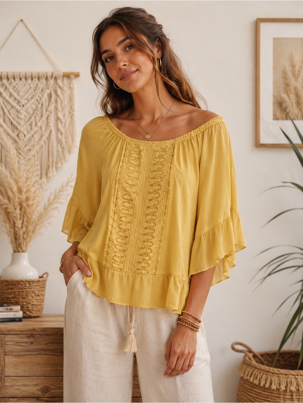 Melissa Paige Yellow Off-Shoulder Crochet-Front Blouse